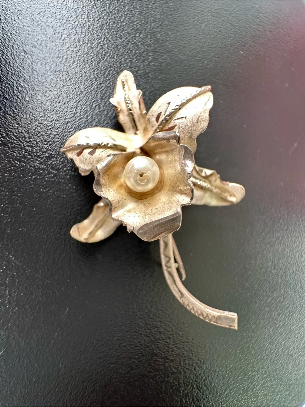 Vintage  Sterling Silver Orchid Flower with Pearl Brooch